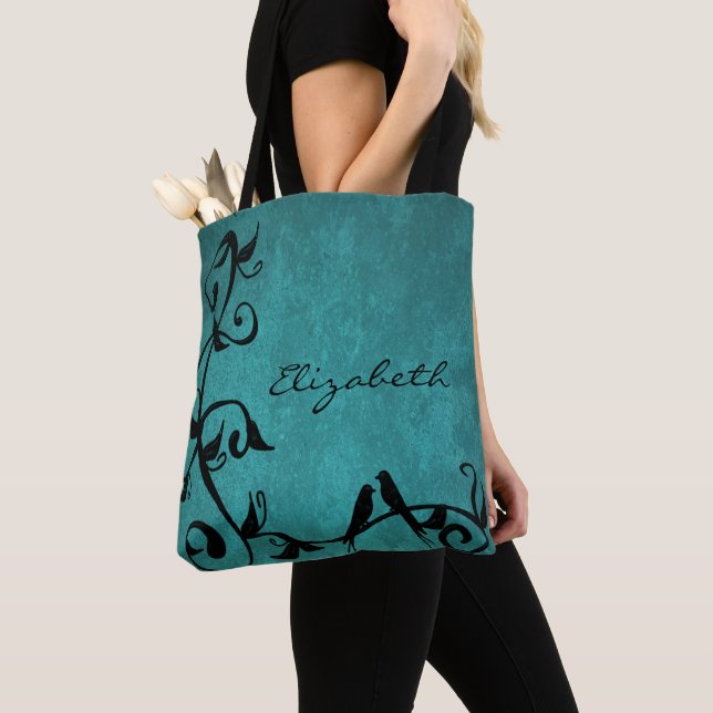 Teal Lovebirds Personalised Tote Bag (Close Up)