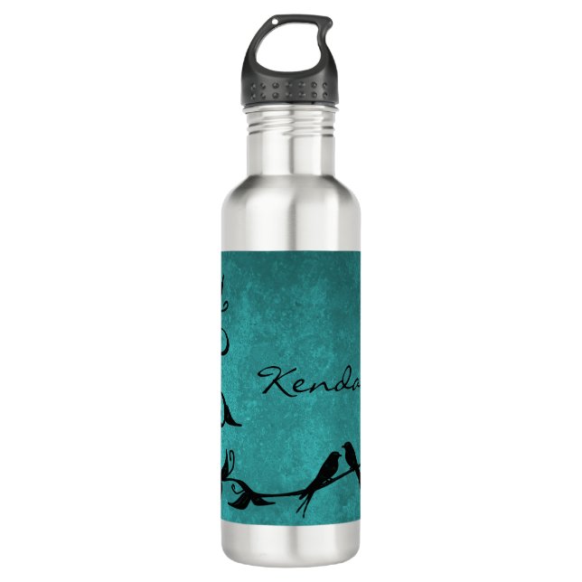Teal Lovebirds Personalised Water Bottle (Front)