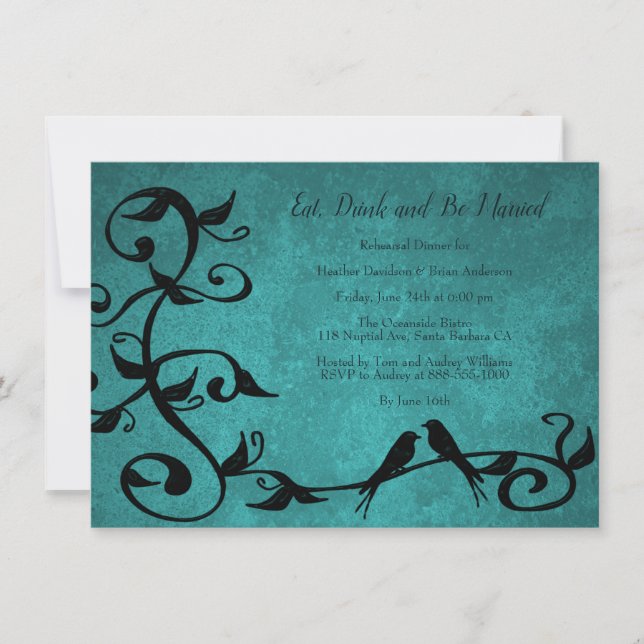 Teal Lovebirds Rehearsal Dinner Invite (Front)