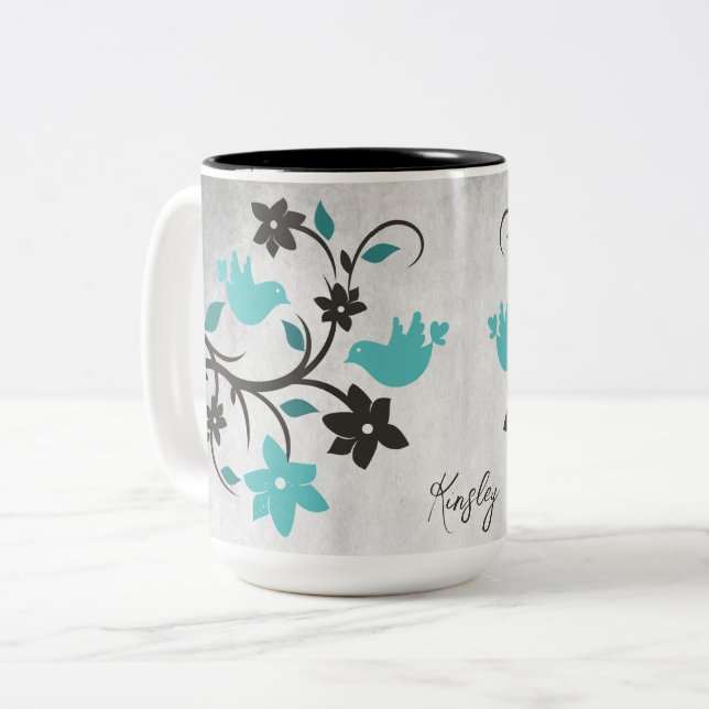 Teal Lovebirds Two-Tone Coffee Mug (Front Left)