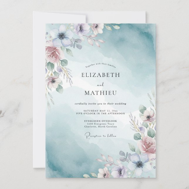 Teal Luminous Watercolor Wedding Invitation (Front)