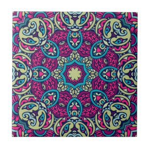 Teal, Magenta, Gold & Olive Eclectic Boho Mandala Tile