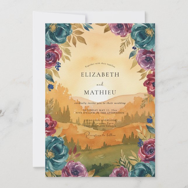 Teal Magenta Peony Wedding Invitation (Front)