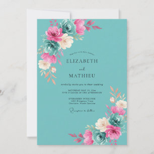 Teal Magenta Ranunculus Eucalyptus Wedding Invitation