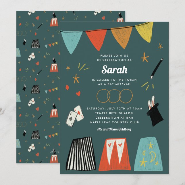 Teal Magic Show Bar Bat Mitzvah Invitation (Front/Back)