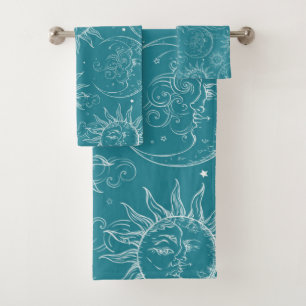 Teal Magic Vintage Celestial Sun Moon Stars Bath Towel Set