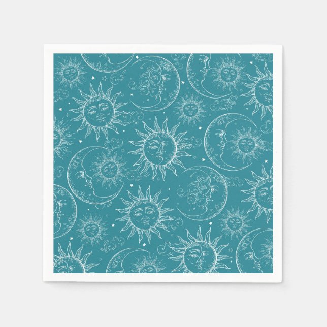 Teal Magic Vintage Celestial Sun Moon Stars Napkin (Front)
