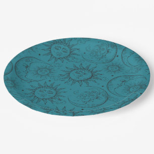 Teal Magic Vintage Celestial Sun Moon Stars Paper Plate