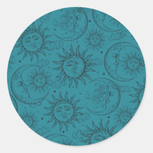 Teal Magic Vintage Celestial Sun Moon Stars Party Classic Round Sticker