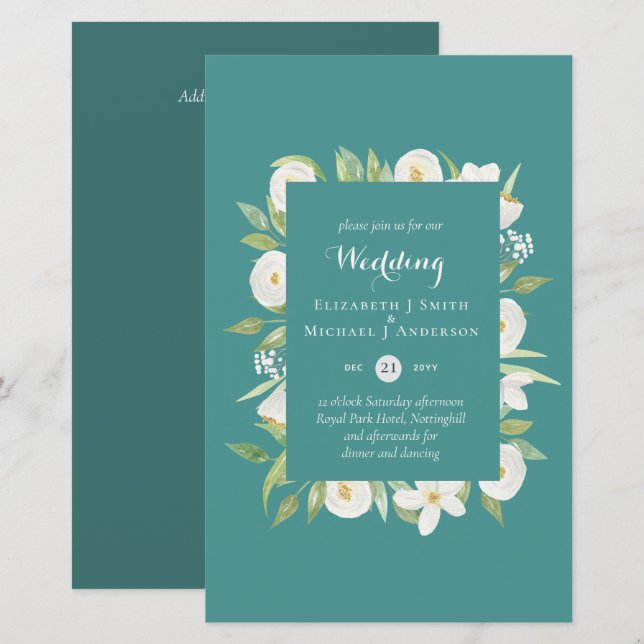 Teal Magnolia Floral Budget Wedding Invites A9 (Front/Back)