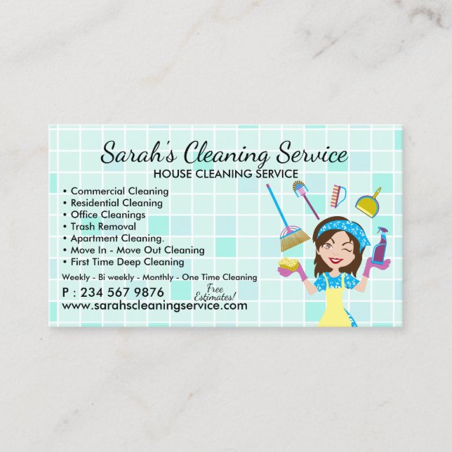 Teal Maid Janitorial Lady House Cleaning Service Business Card (Front)