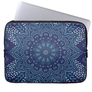Teal mandala pattern on a navy blue background laptop sleeve