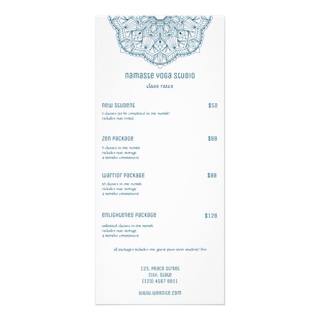 Teal Mandala Yoga Reiki Massage Handrawn Mandala Rack Card (Front)