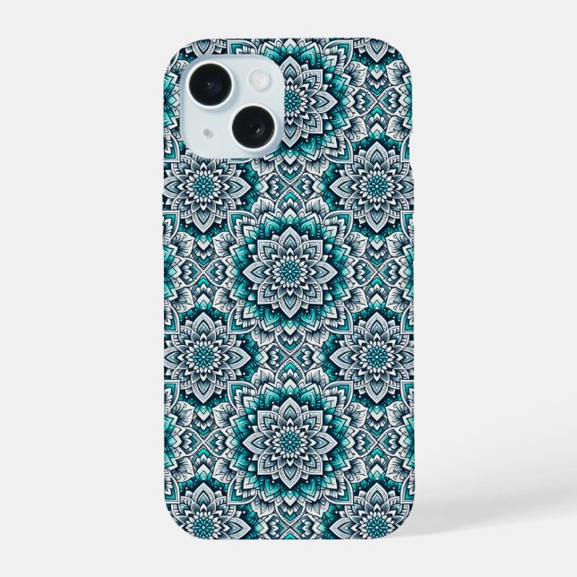 Teal mandalas pattern iPhone 15 case (Back)