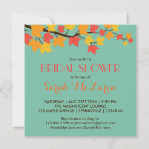 Teal Maple Leaves Fall Bridal Shower Invitation