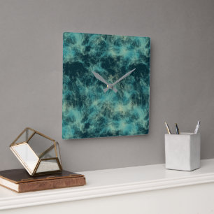 Teal Marble Abstract Square Wall Clock