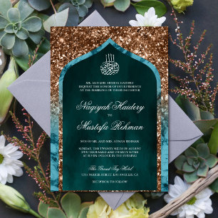 Teal Marble Bronze Glitter Arch Islamic Wedding Invitation