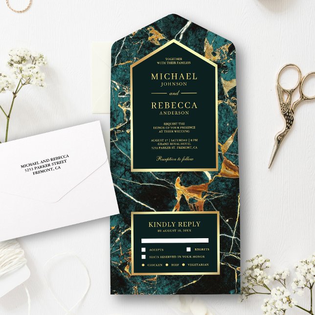 Teal Marble Faux Gold Foil Wedding All In One Invitation (Creator Uploaded)