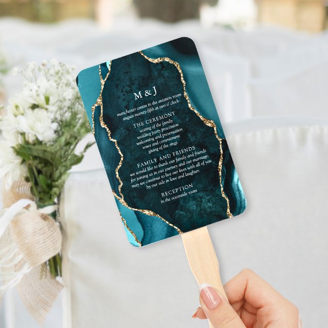 Teal, Marble & Gold Agate Wedding Program Hand Fan (Creator Uploaded)