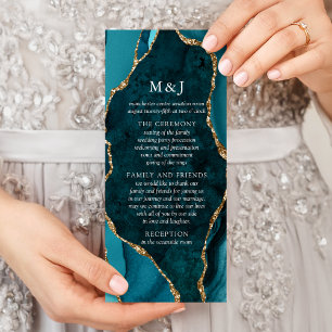 Teal, Marble & Gold Agate Wedding Program Rack Card
