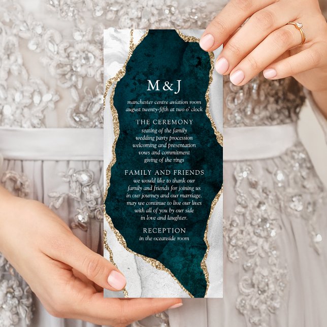 Teal, Marble & Gold Agate Wedding Program Rack Card (Creator Uploaded)