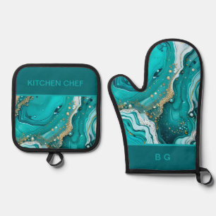 teal marble ocean oven mitt & pot holder set