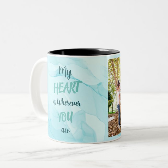 Teal marble personalised two photo  Two-Tone coffee mug (Front Left)