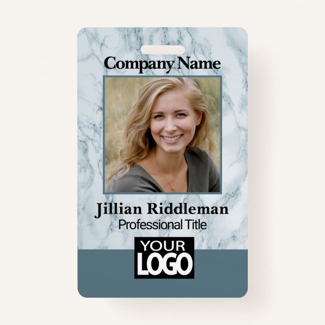 Teal Marble Photo and Logo Badge ID Badge (Front)