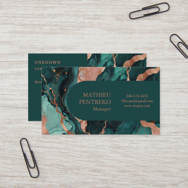 Teal Marble & Rose Gold Formal Polished Business Card (Front/Back In Situ)