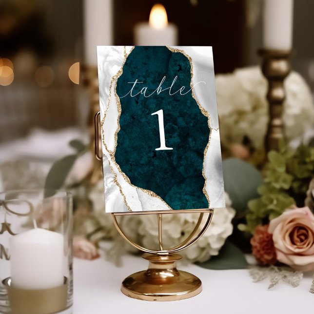Teal Marble, White & Gold Agate Table Card (Creator Uploaded)