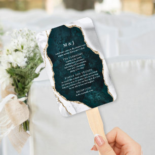 Teal Marble, White & Gold Agate Wedding Program Hand Fan
