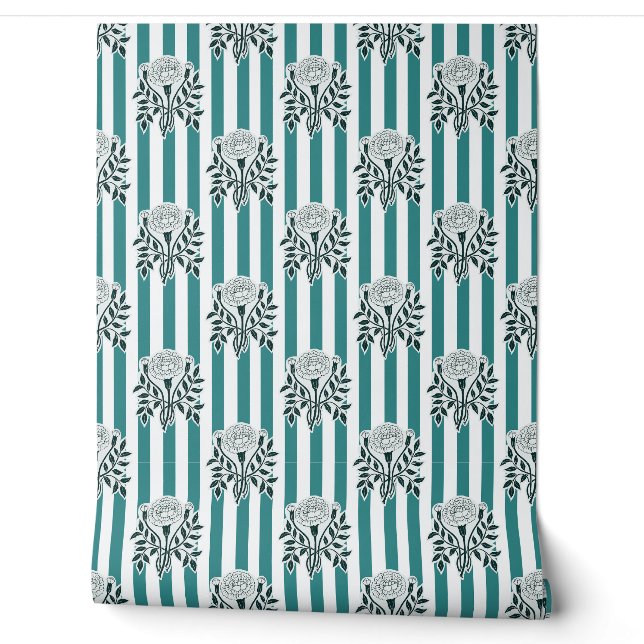 Teal Marigold flowers stripe pattern Wallpaper (Unrolling)