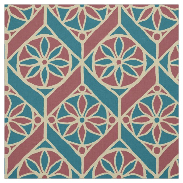 Teal, Maroon, Beige Ethnic Floral Pattern Fabric (Swatch)