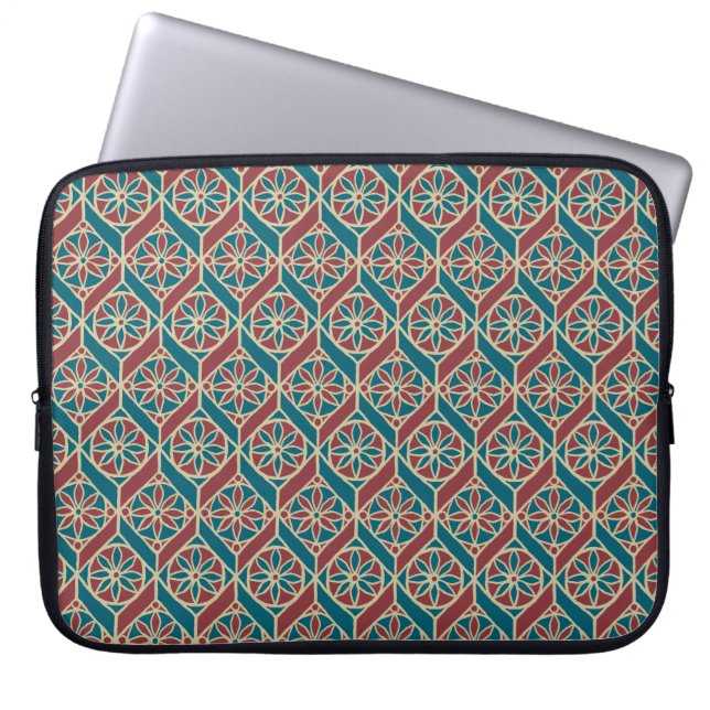 Teal, Maroon, Beige Ethnic Floral Pattern Laptop Sleeve (Front)
