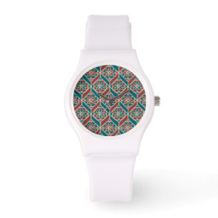 Teal, Maroon, Beige Ethnic Floral Pattern Watch