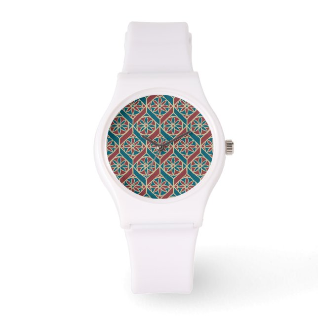 Teal, Maroon, Beige Ethnic Floral Pattern Watch (Front)