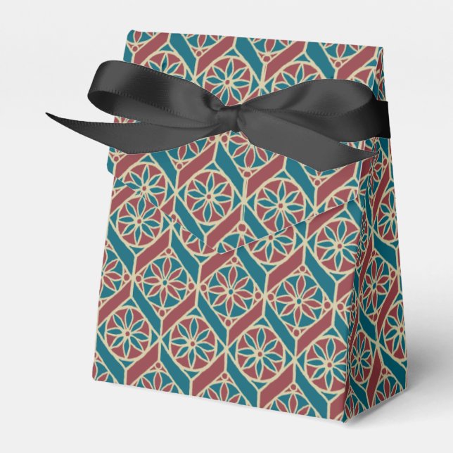 Teal Maroon Beige Ethnic Pattern Flowers, Chevrons Favour Box (Front Side)