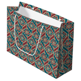 Teal Maroon Beige Ethnic Pattern Flowers, Chevrons Large Gift Bag