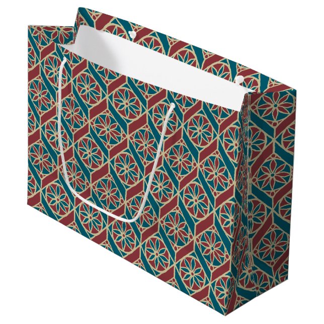Teal Maroon Beige Ethnic Pattern Flowers, Chevrons Large Gift Bag (Front Angled)