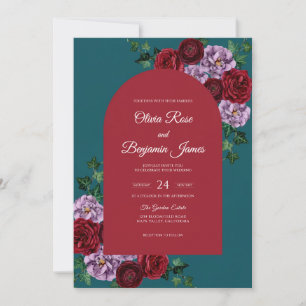 Teal Maroon Flower Eucalyptus Wedding Invitation