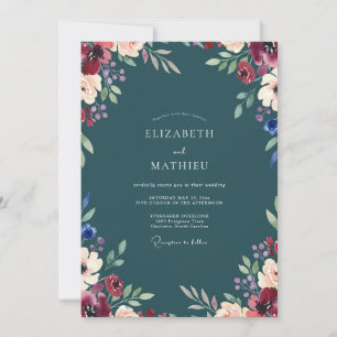 Teal Maroon Foliage Eucalyptus Wedding Invitation