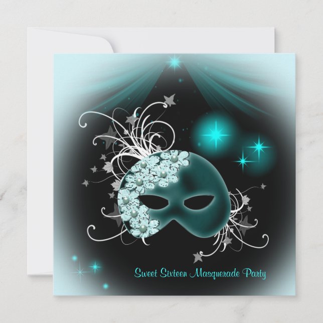 Teal Masks Sweet 16 Masquerade Party Invitation (Front)