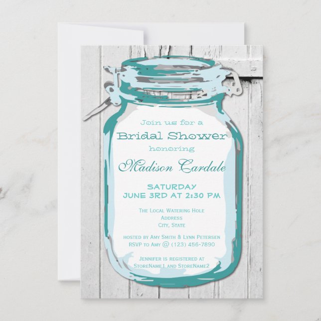 Teal Mason Jar Barn Wood Bridal Shower Invitations (Front)