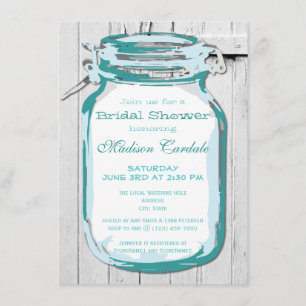 Teal Mason Jar Barn Wood Bridal Shower Invitations