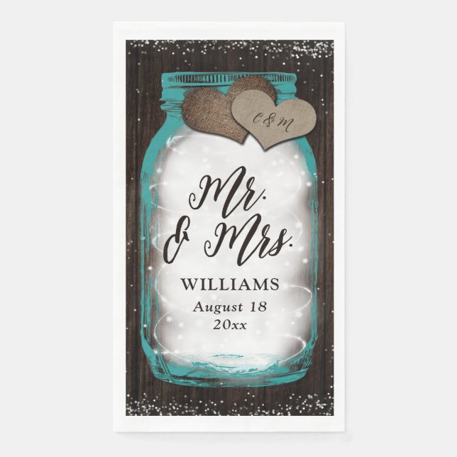Teal Mason Jar Barn Wood Mr. & Mrs. Wedding Napkin (Front)