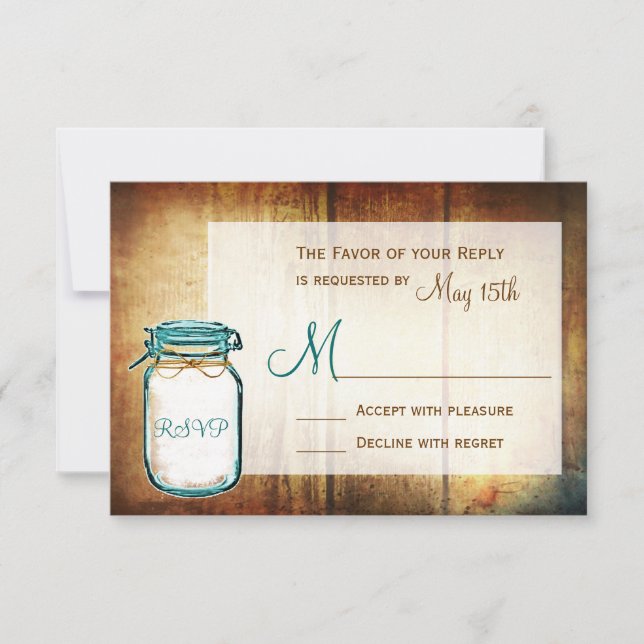 Teal Mason Jar Barn Wood Rustic Wedding RSVP Cards (Front)