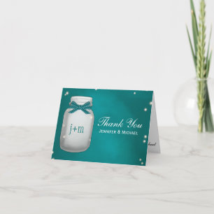 Teal Mason Jar Fireflies Wedding Thank You Card