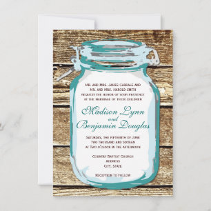 Teal Mason Jar Rustic Barn Wood Wedding Invitation