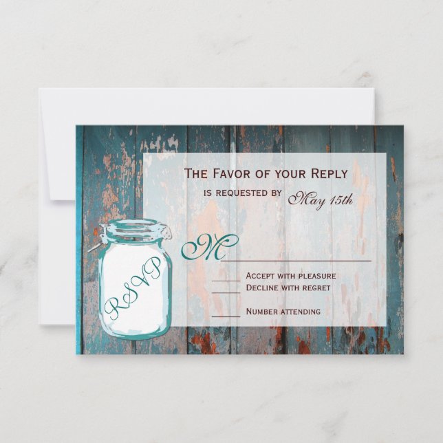 Teal Mason Jar Rustic Barn Wood Wedding RSVP Cards (Front)