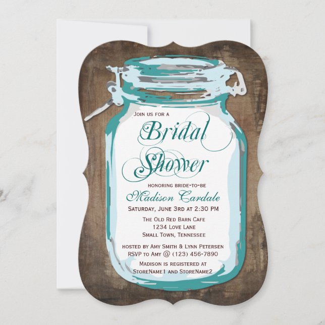 Teal Mason Jar Rustic Bridal Shower Invitations (Front)